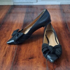 Tory Burch sz 6 Rosalinda Black Leather Printed Flat with Bow Ballerinas